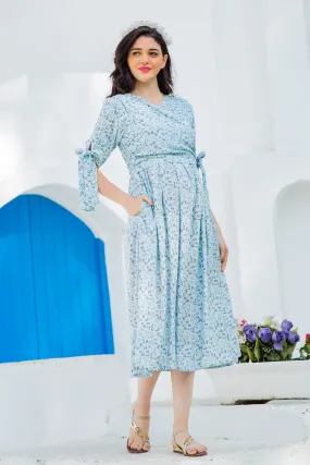 Pastel Sky Blue Maternity & Nursing Wrap Midi Dress