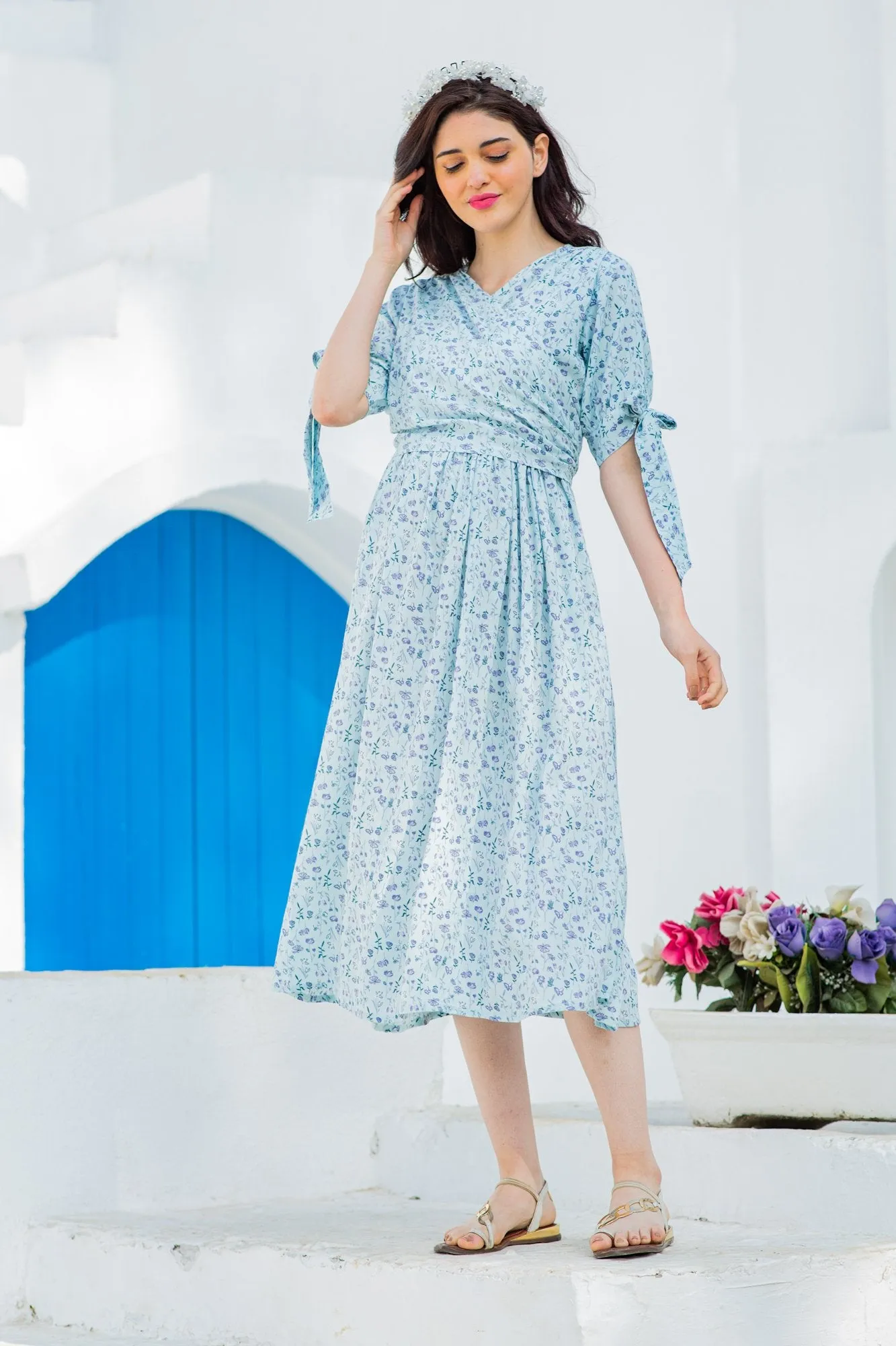 Pastel Sky Blue Maternity & Nursing Wrap Midi Dress