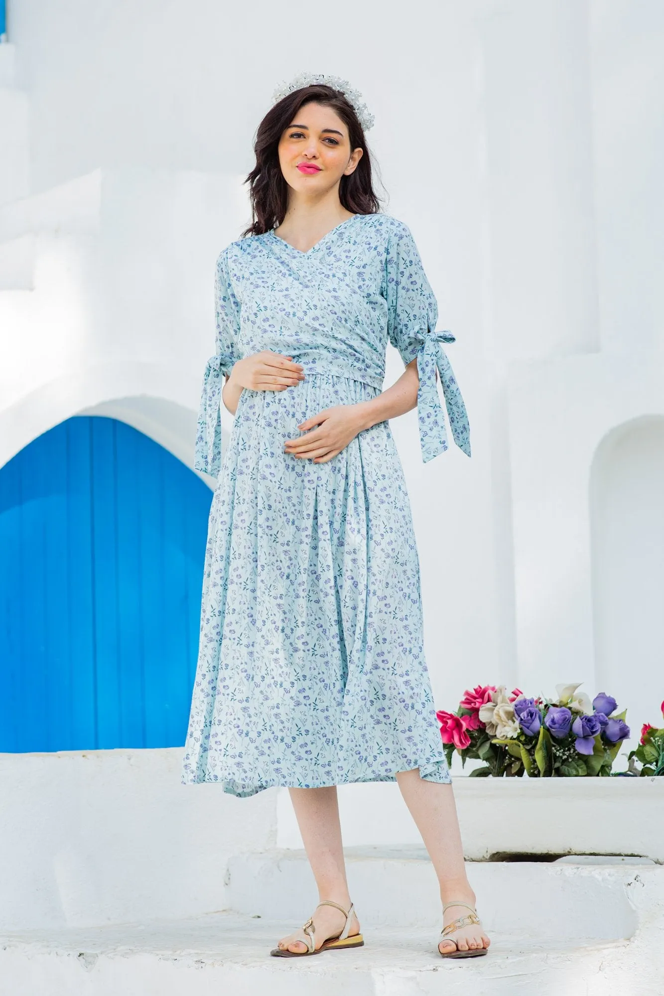 Pastel Sky Blue Maternity & Nursing Wrap Midi Dress