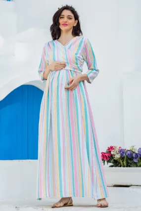 Pastel Striped Maternity & Nursing Wrap Dress