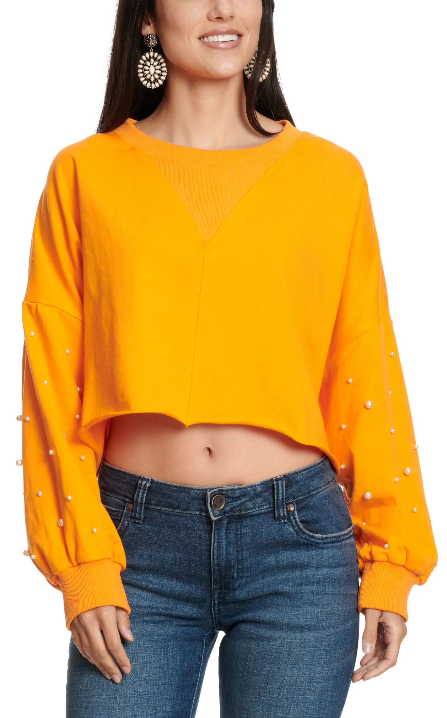 Peach Love Women's Orange & Pearl Accented Sleeve Cropped Pullover