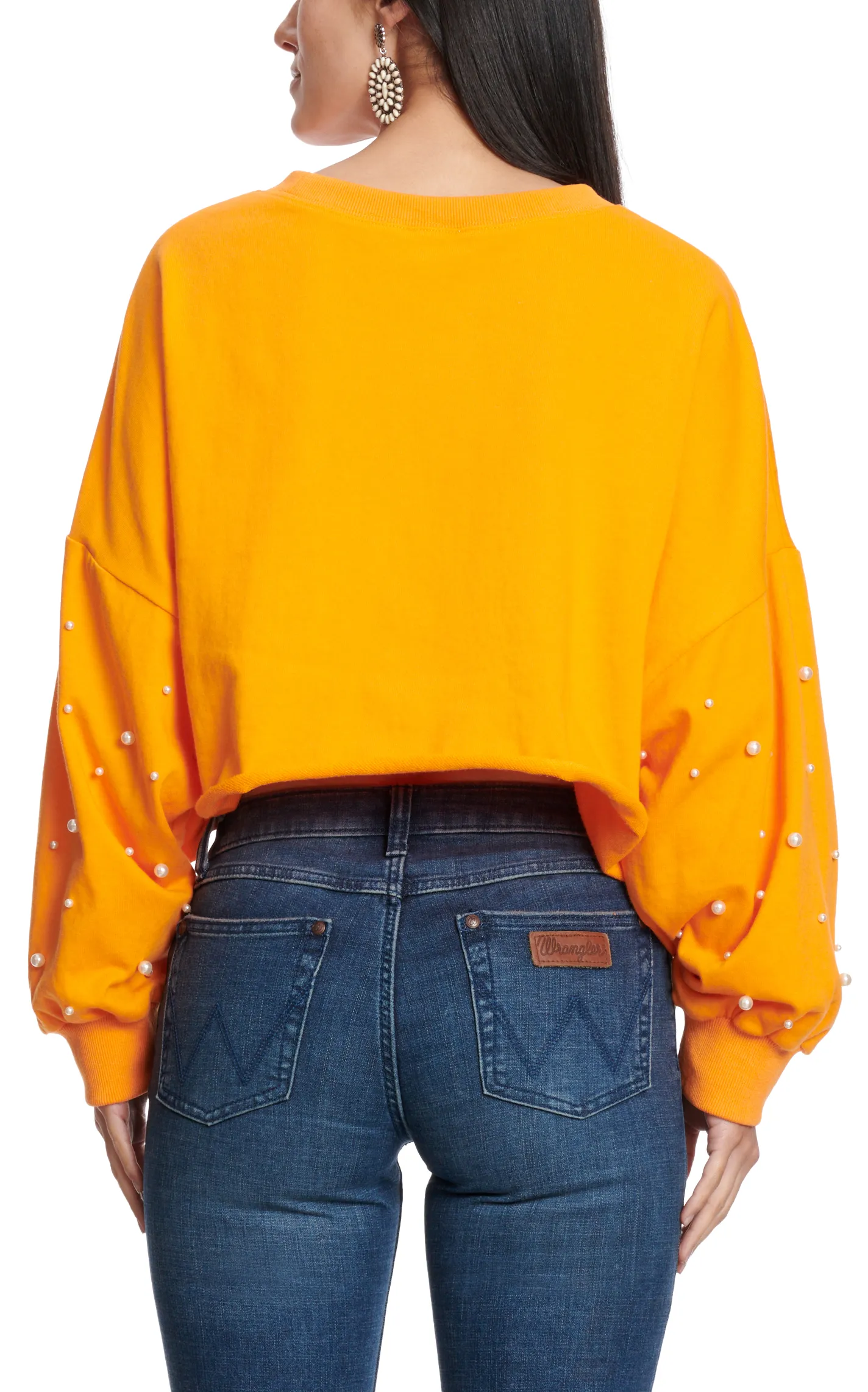 Peach Love Women's Orange & Pearl Accented Sleeve Cropped Pullover