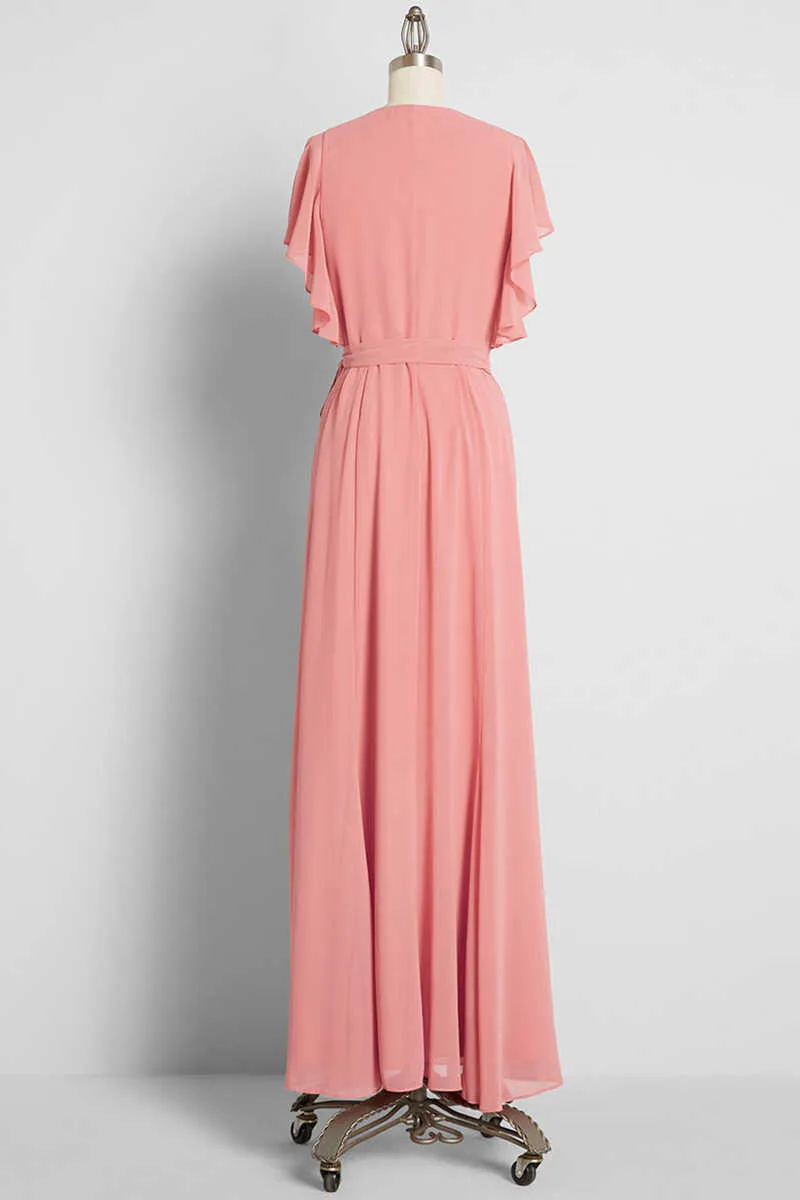 Peach Wrap Ruffled Long Bridesmaid Dress