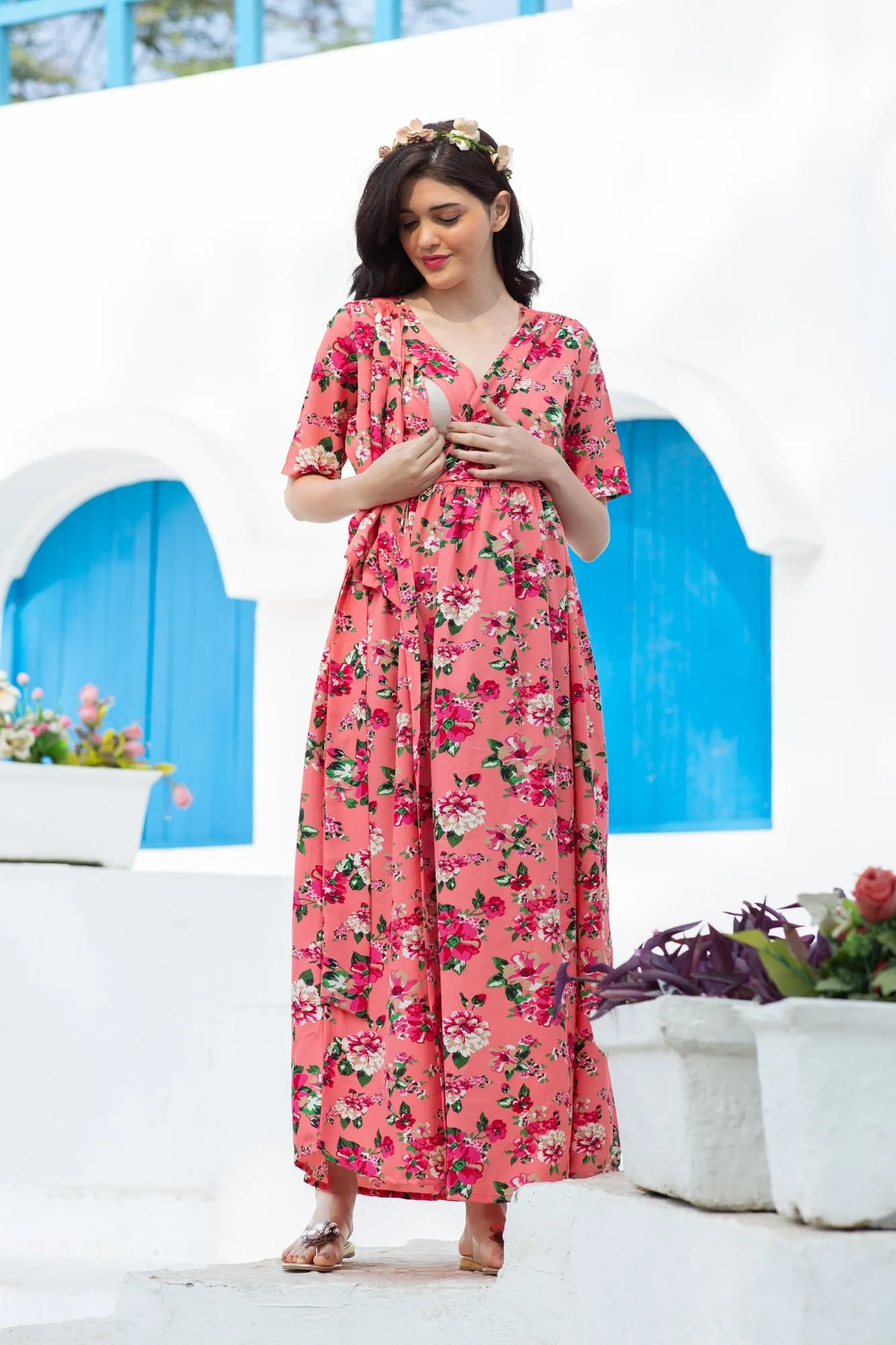 Peachy Tangerine Floral Maternity & Nursing Wrap Dress