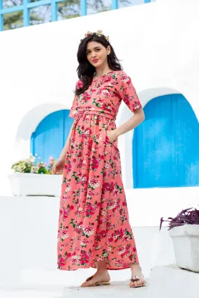 Peachy Tangerine Floral Maternity & Nursing Wrap Dress