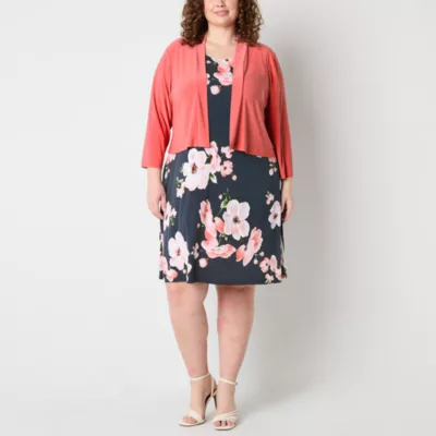 Perceptions Womens Floral Jacket Dress Plus