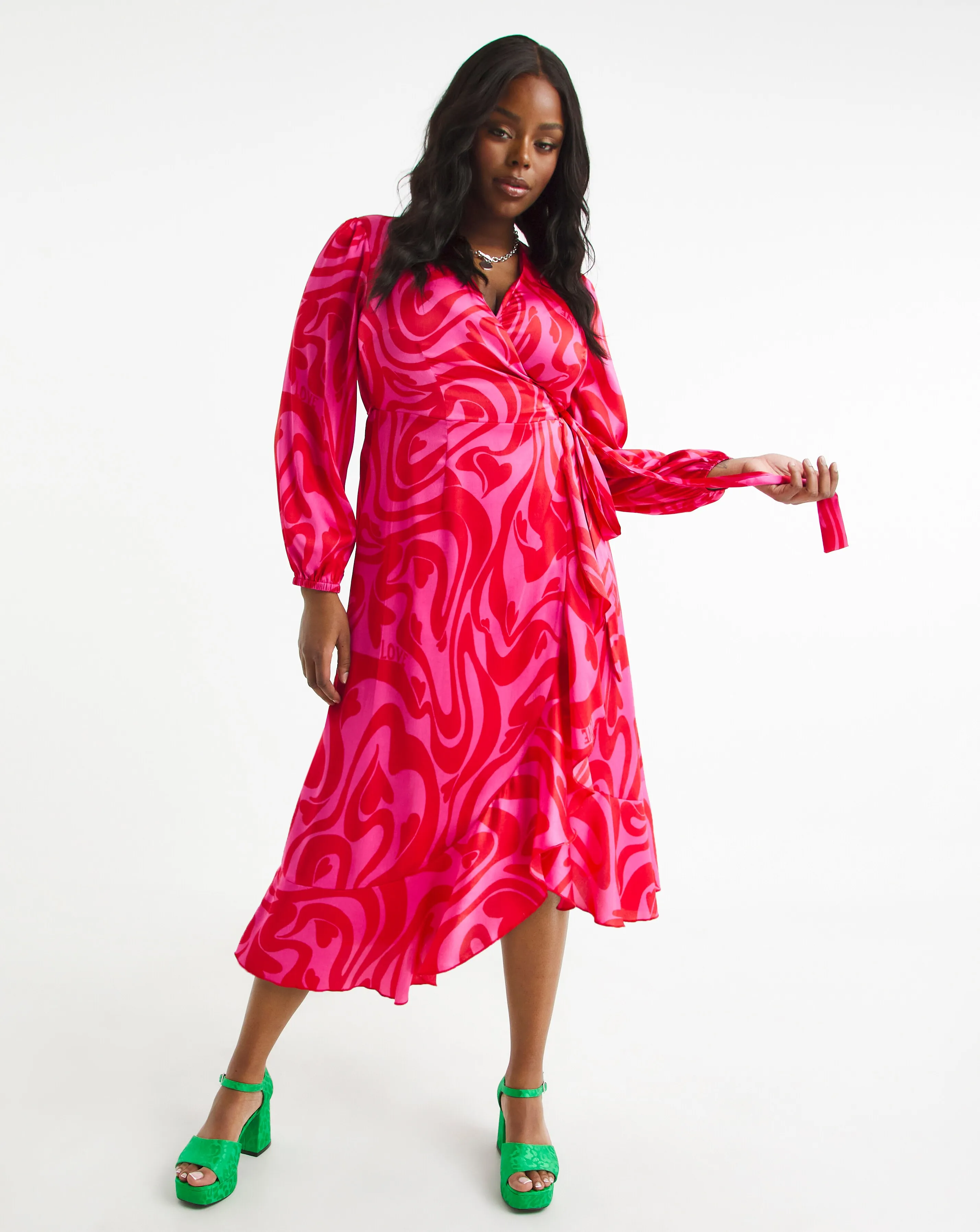 Pink And Red Swirl Print Satin Wrap Dress | Simply Be