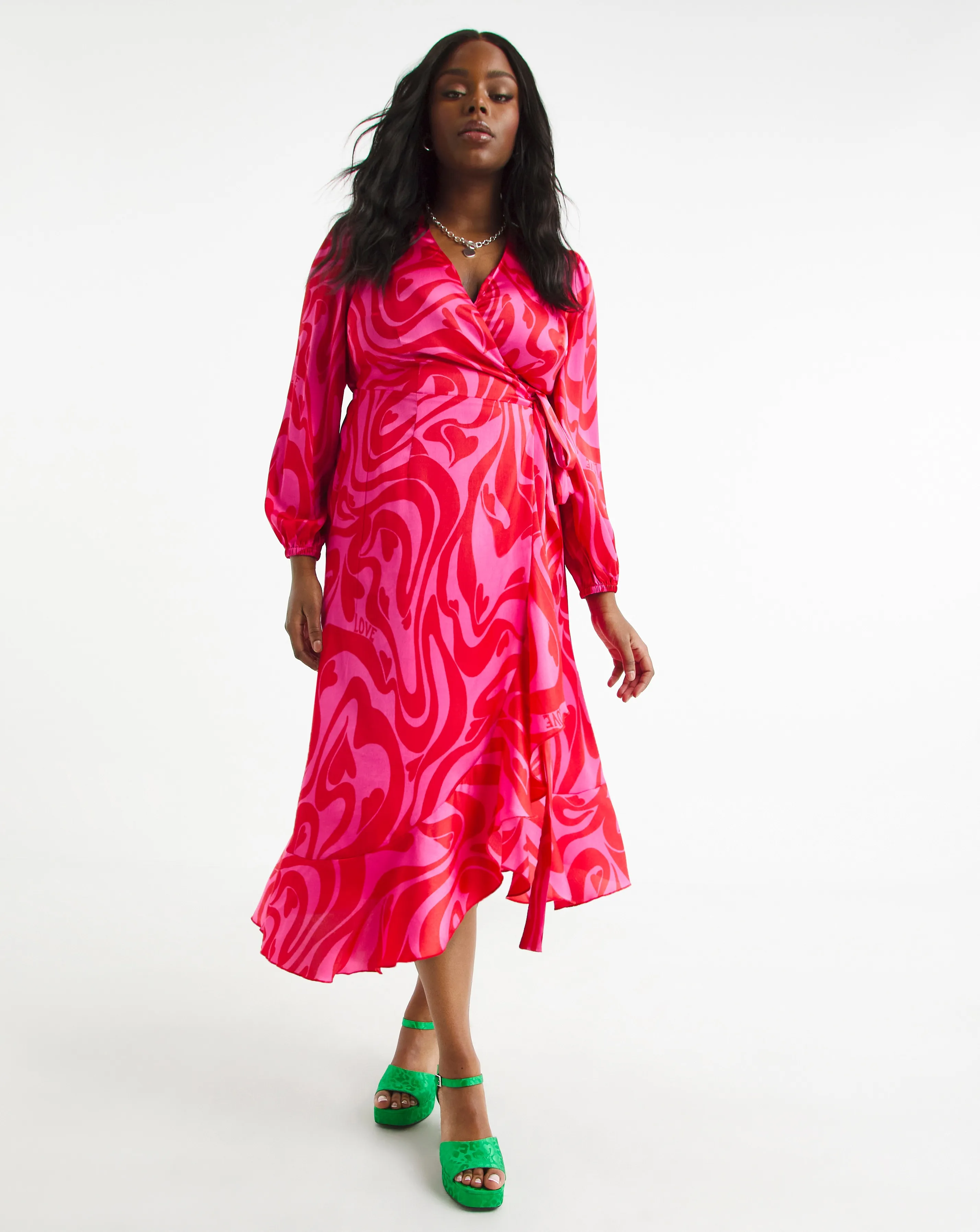 Pink And Red Swirl Print Satin Wrap Dress | Simply Be