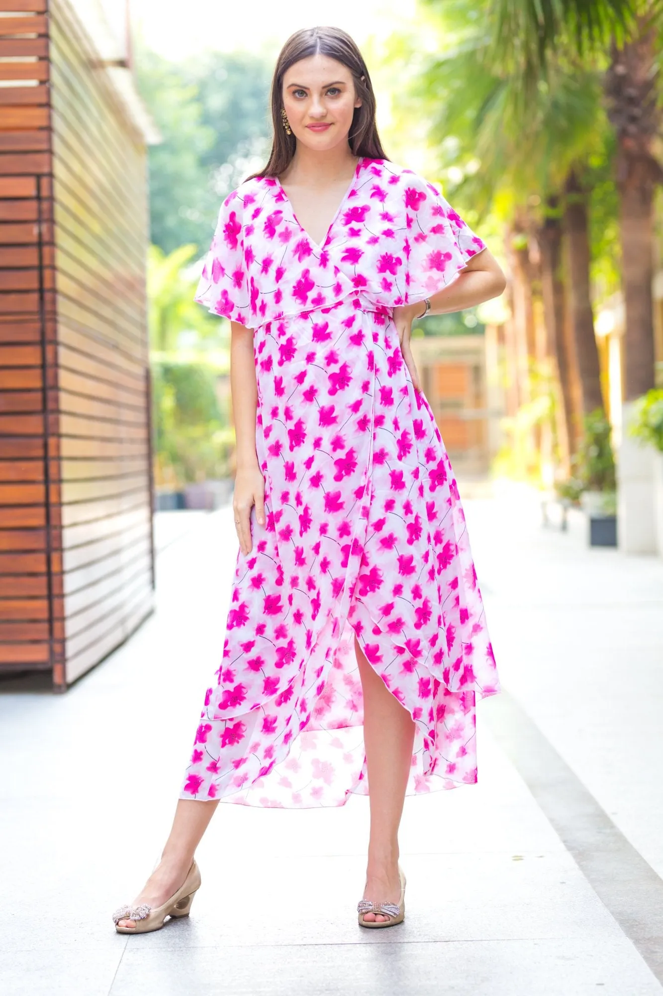 Pink Blossom High-Low Maternity & Nursing Wrap Dress