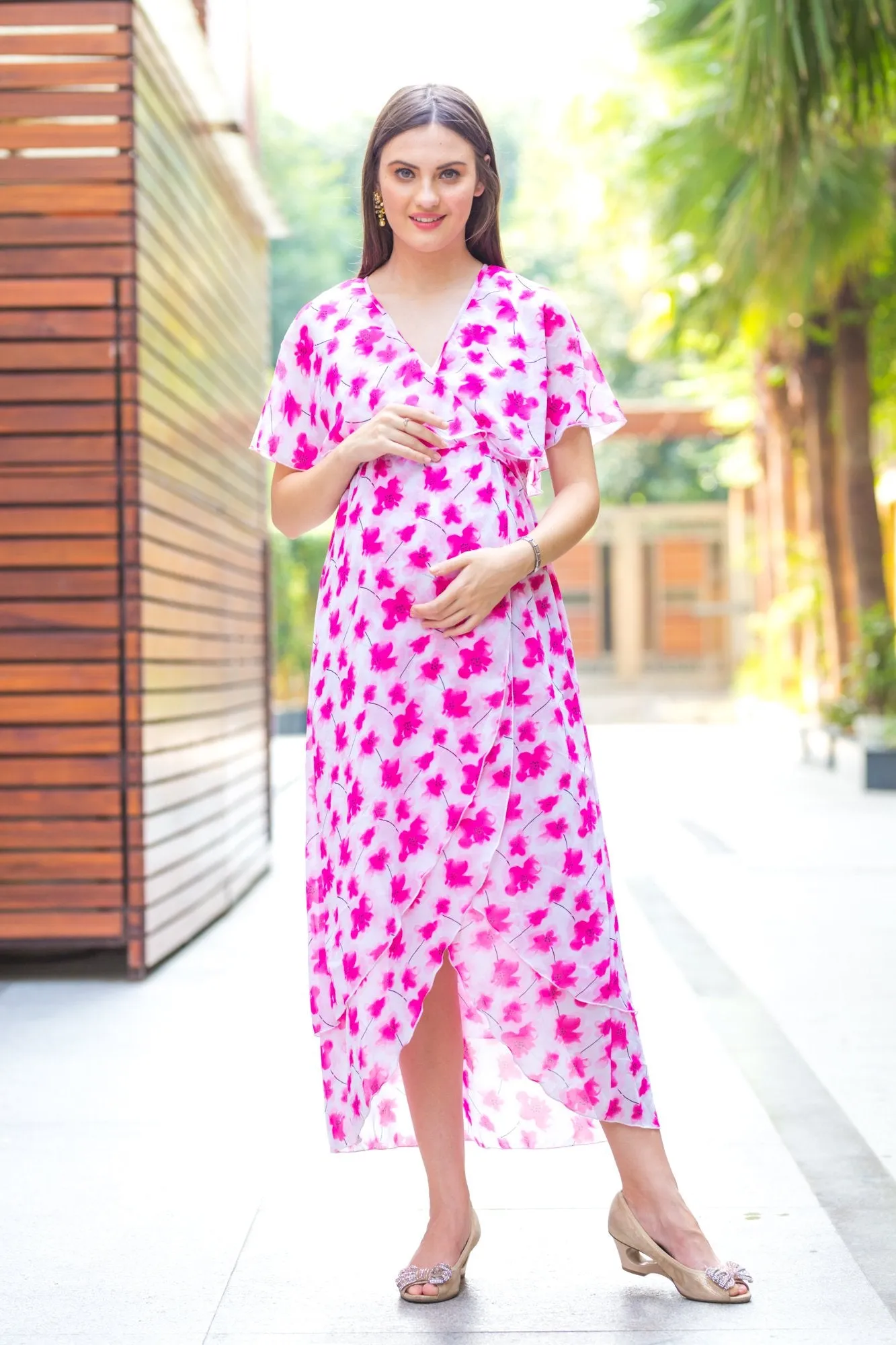 Pink Blossom High-Low Maternity & Nursing Wrap Dress