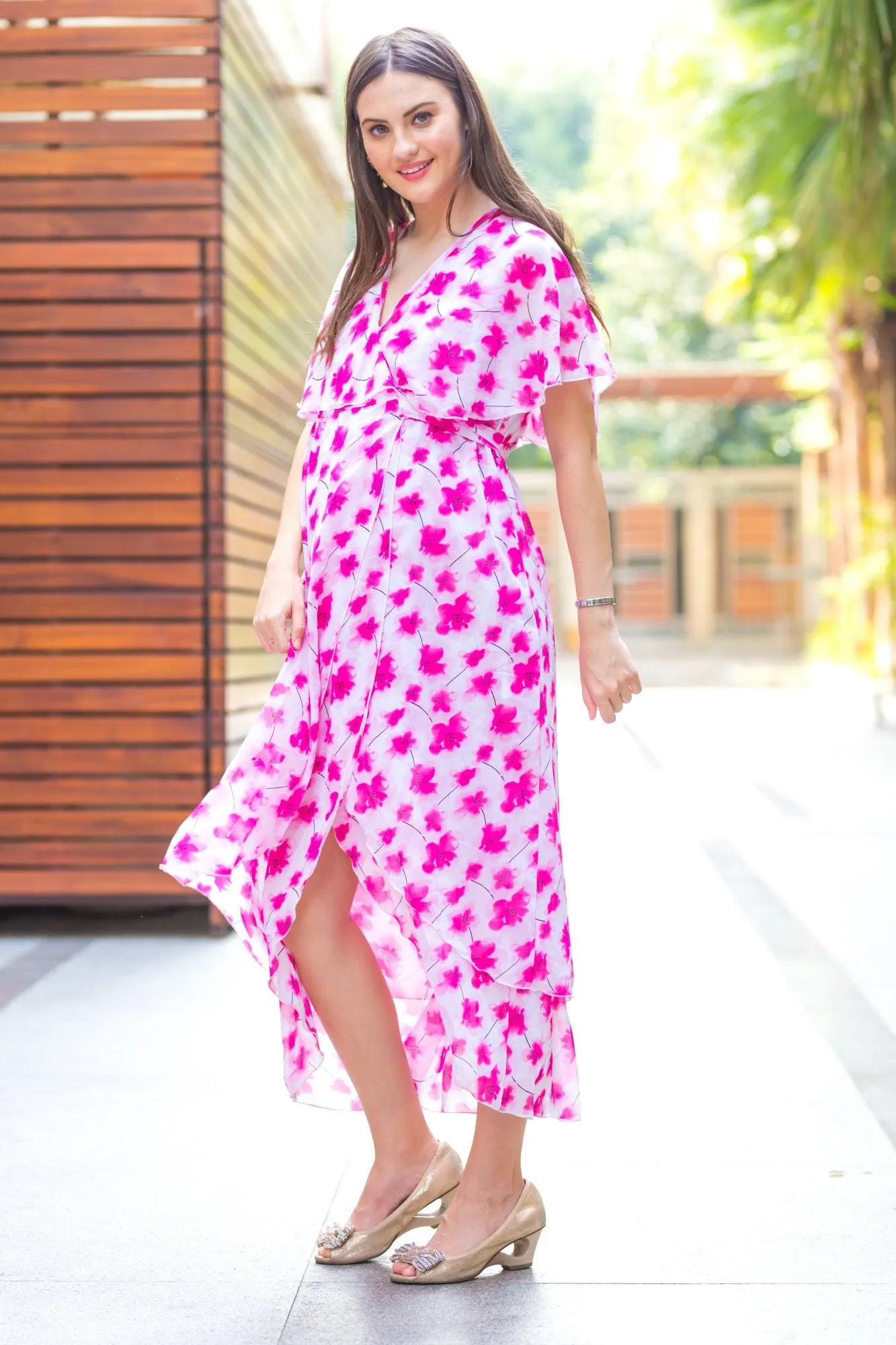 Pink Blossom High-Low Maternity & Nursing Wrap Dress