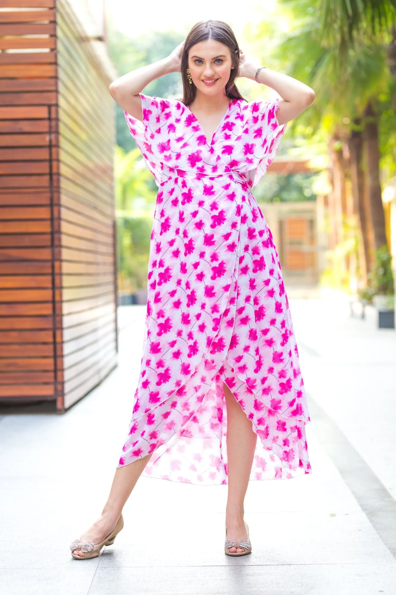 Pink Blossom High-Low Maternity & Nursing Wrap Dress