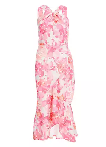 Pink Floral Print Scuba Twist Halterneck Midi Wrap Dress by Quiz | Look Again