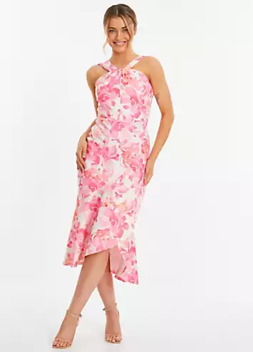 Pink Floral Print Scuba Twist Halterneck Midi Wrap Dress by Quiz | Look Again