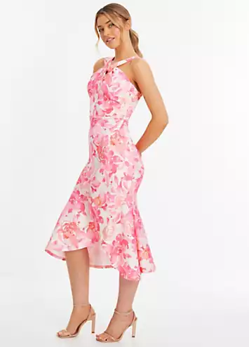 Pink Floral Print Scuba Twist Halterneck Midi Wrap Dress by Quiz | Look Again