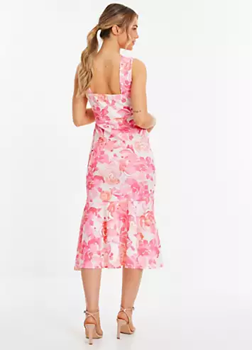 Pink Floral Print Scuba Twist Halterneck Midi Wrap Dress by Quiz | Look Again