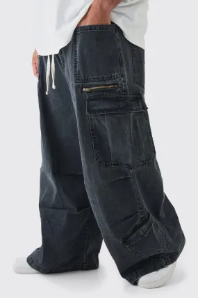 Plus Elasticated Waist Acid Wash Parachute Cargo Jeans