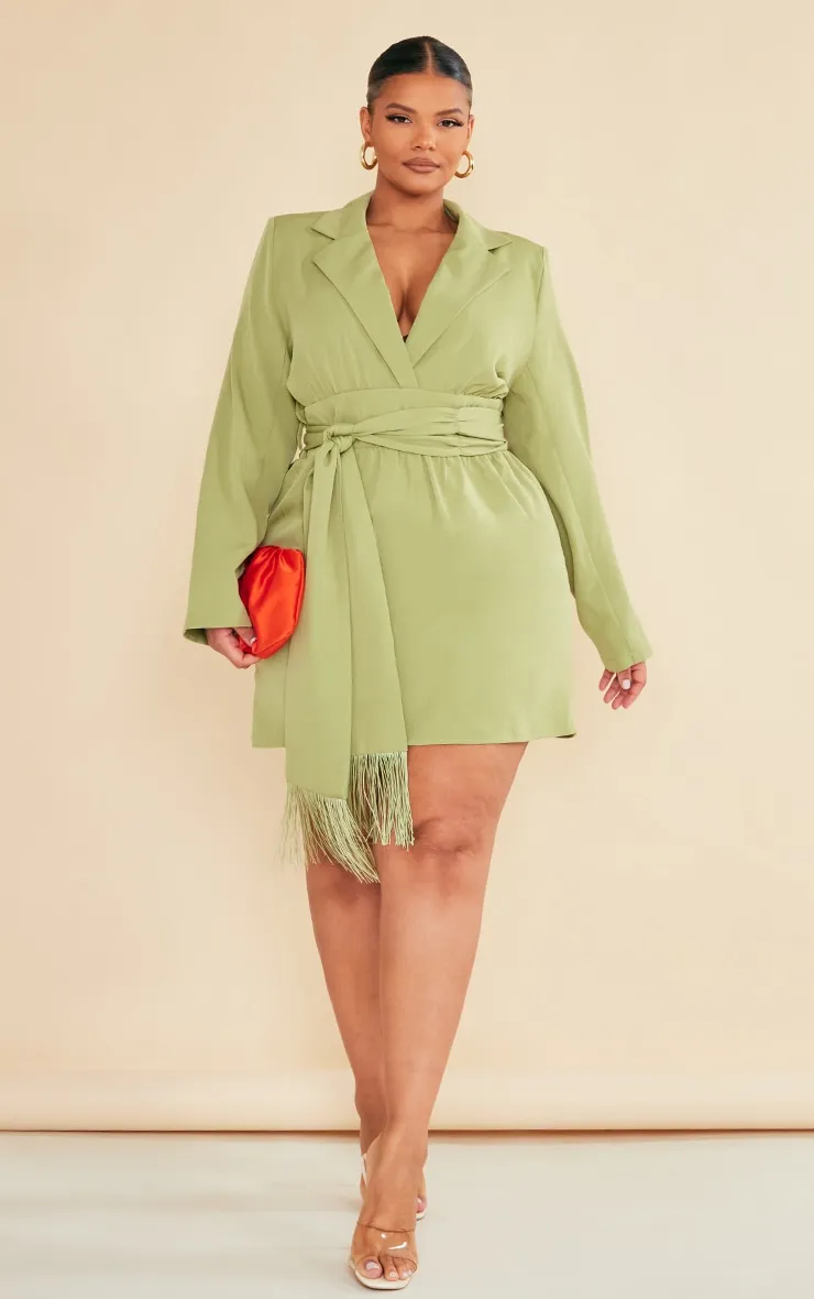 Plus Olive Wrap Front Tassel Belted Dress