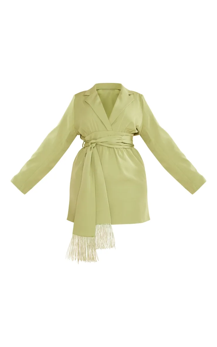 Plus Olive Wrap Front Tassel Belted Dress