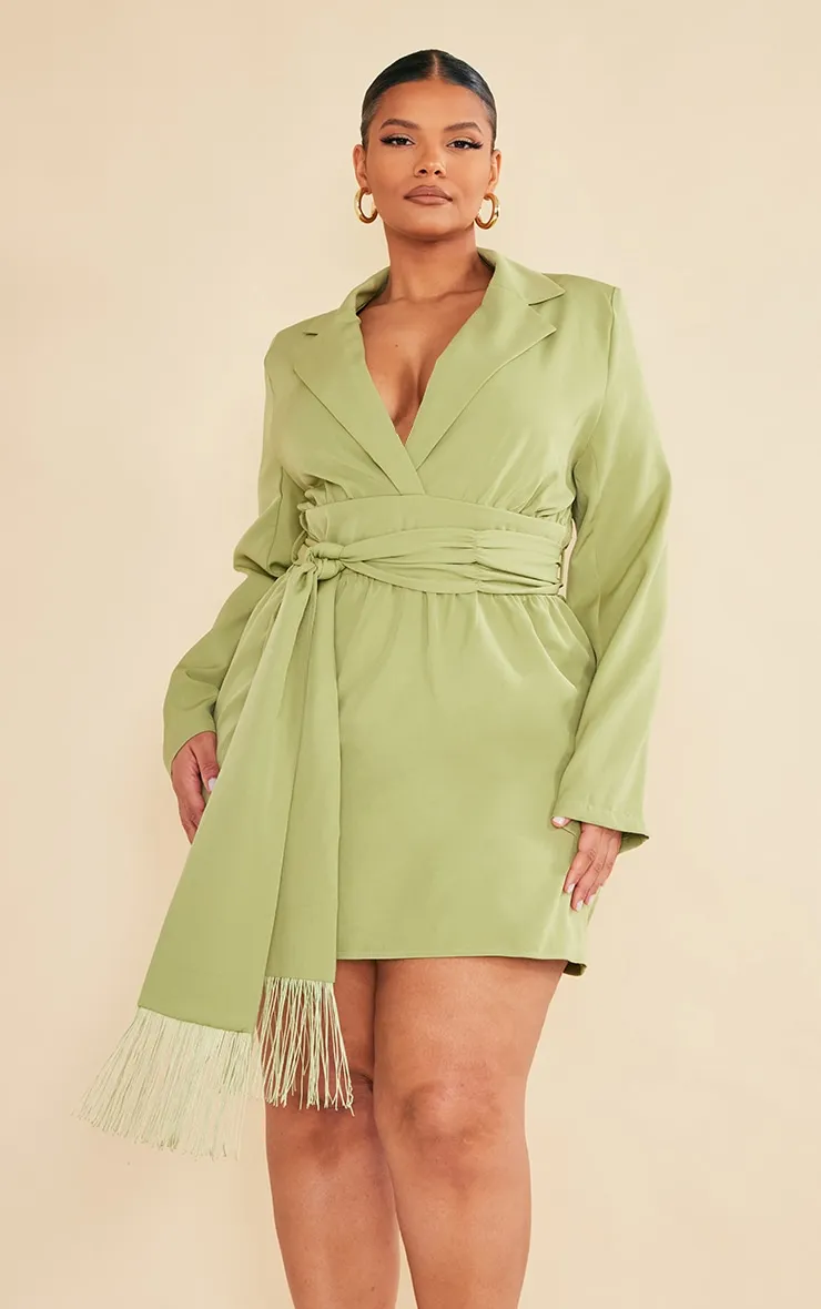 Plus Olive Wrap Front Tassel Belted Dress