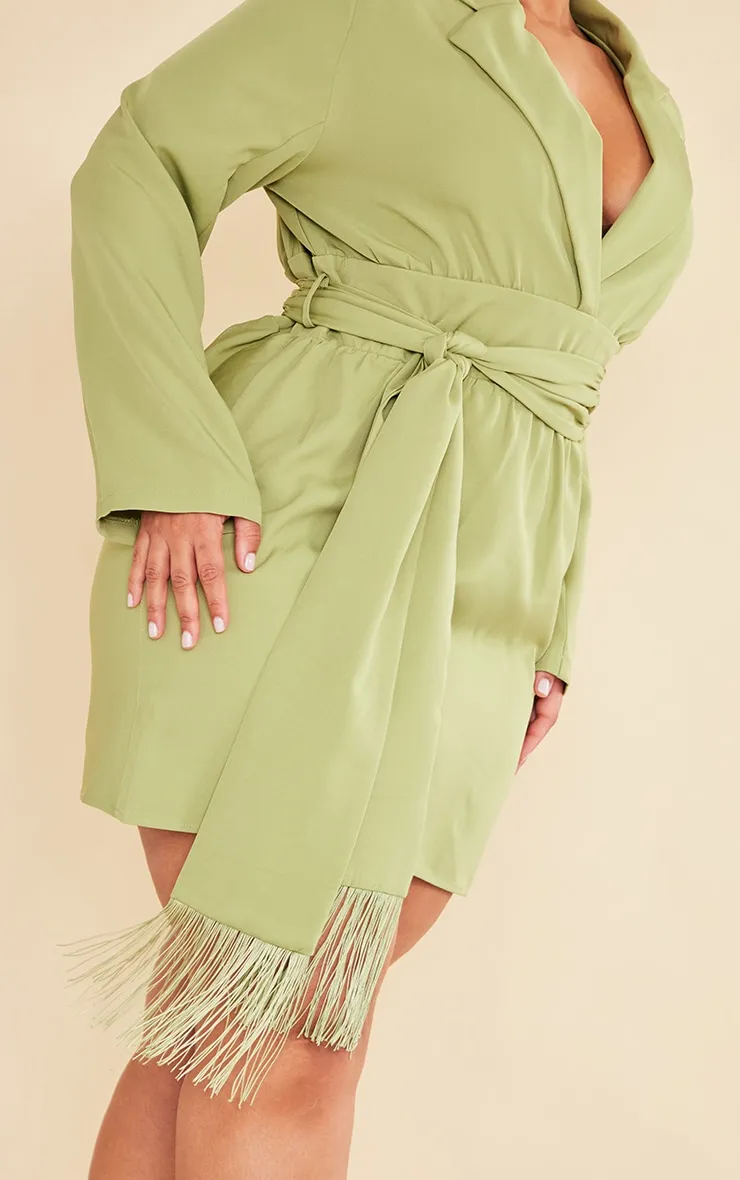 Plus Olive Wrap Front Tassel Belted Dress