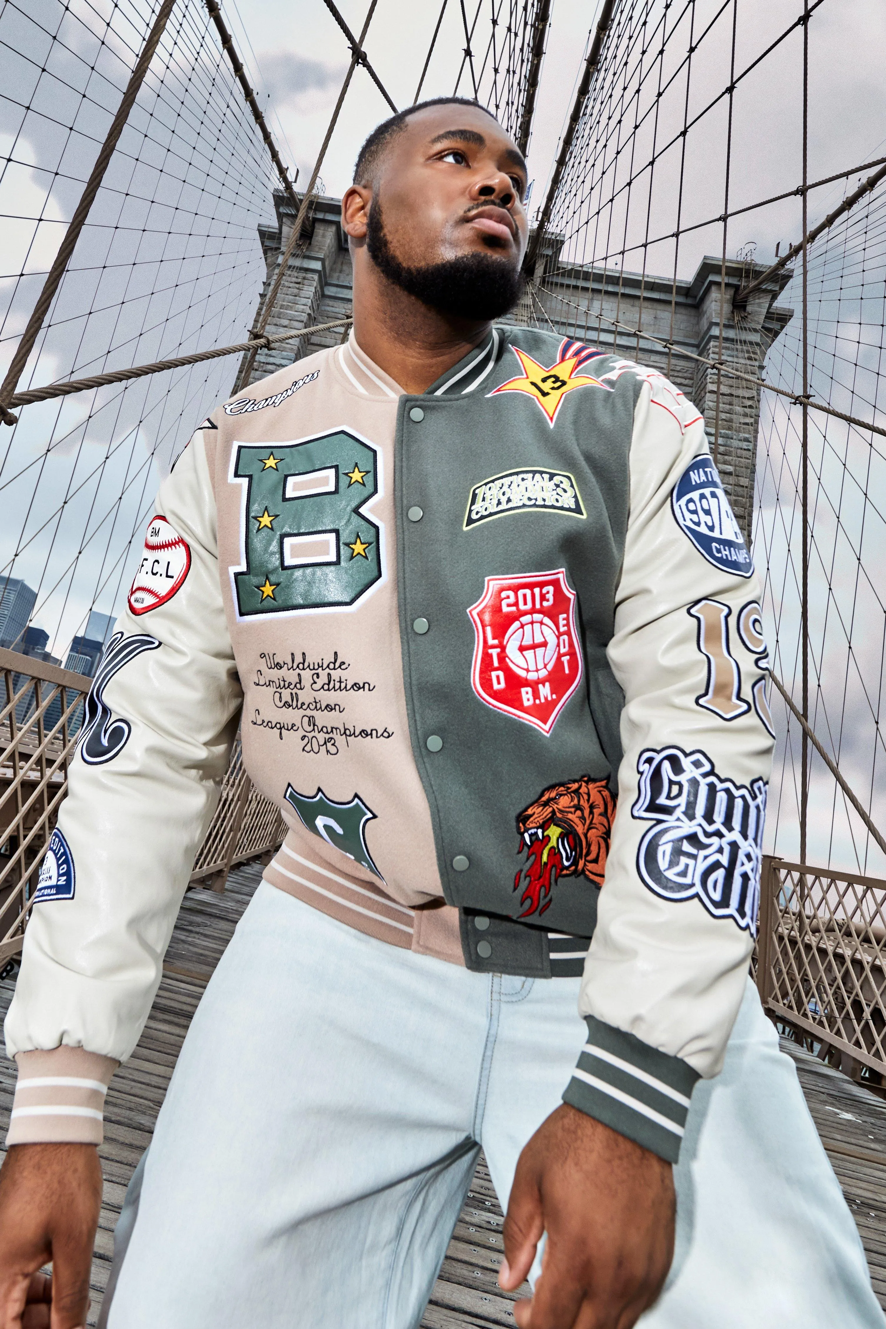 Plus Spliced Back Tiger Badge Varsity Jacket | boohooMAN UK