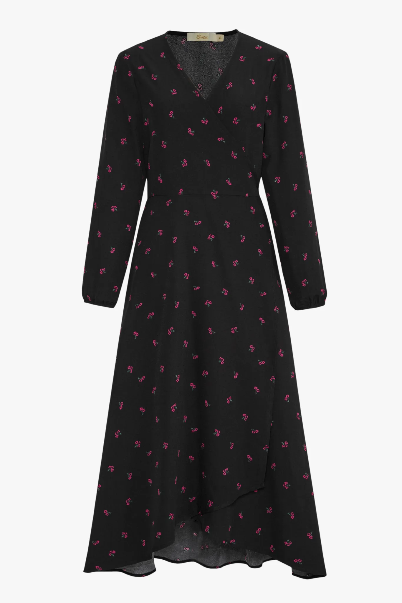 Popsy Print Wrap Dress in Black with Fuchsia Flowers