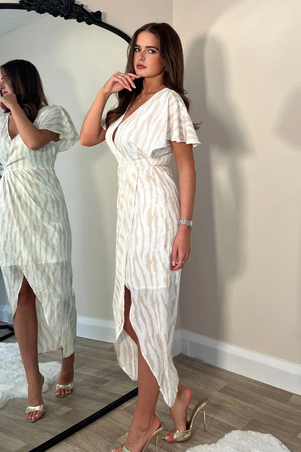 Preslee Nude Zebra Wrap Over Maxi Dress