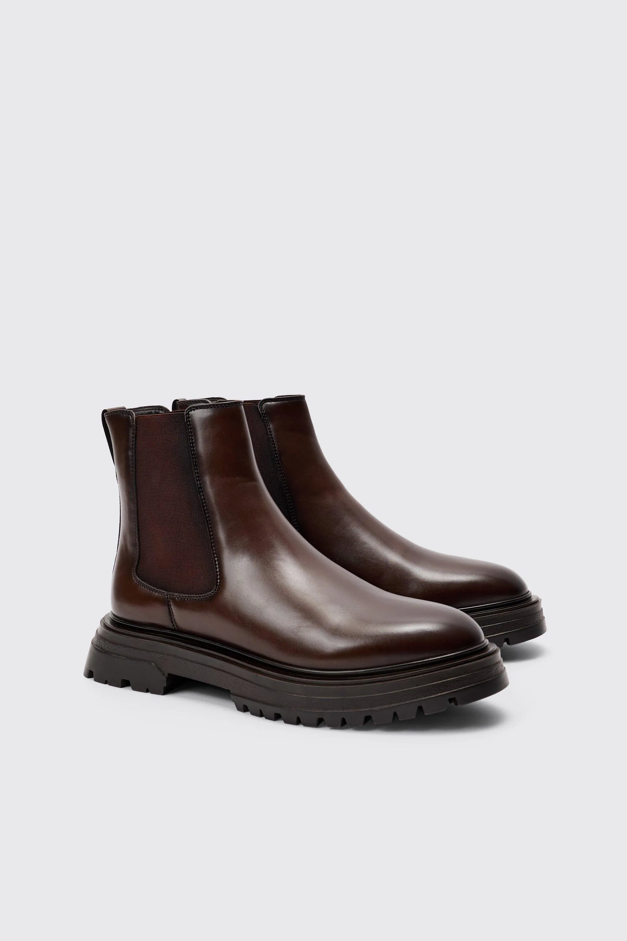 PU Chunky Sole Chelsea Boot In Brown | boohooMAN UK