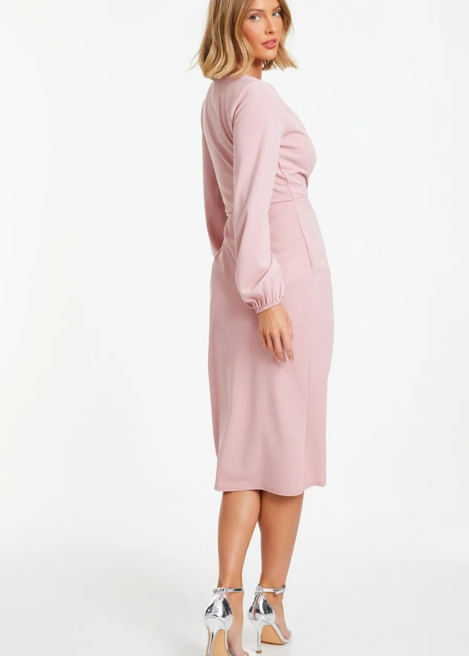 Quiz Pink Knot Front Wrap Midi Dress