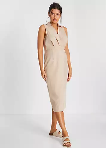 Quiz Stone Wrap Linen Midi Dress with Collar | Grattan