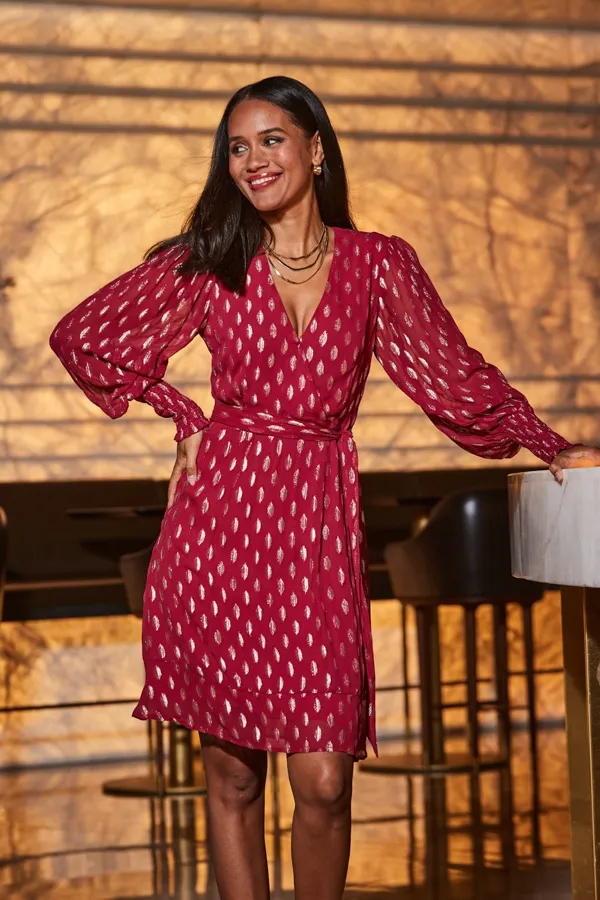 Raspberry Pink & Gold Metallic Spot Print Belted Wrap Dress