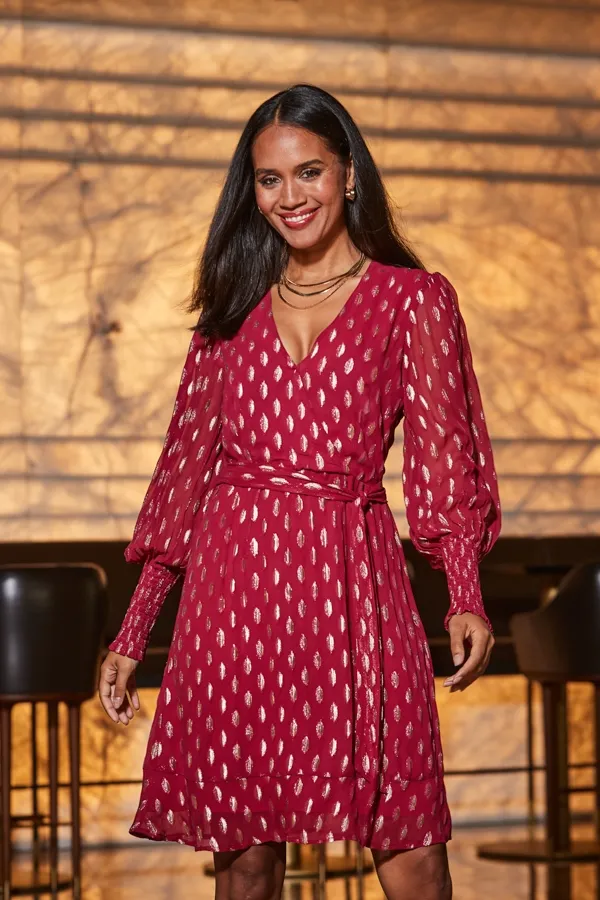 Raspberry Pink & Gold Metallic Spot Print Belted Wrap Dress