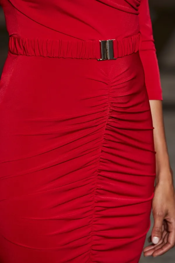 Red Faux Wrap Ruched Detail Midi Dress