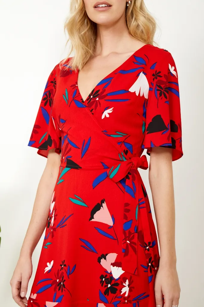 Red Floral Print Wrap Dress