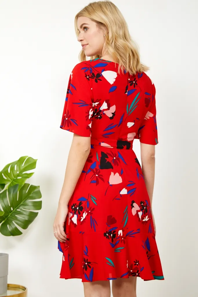 Red Floral Print Wrap Dress