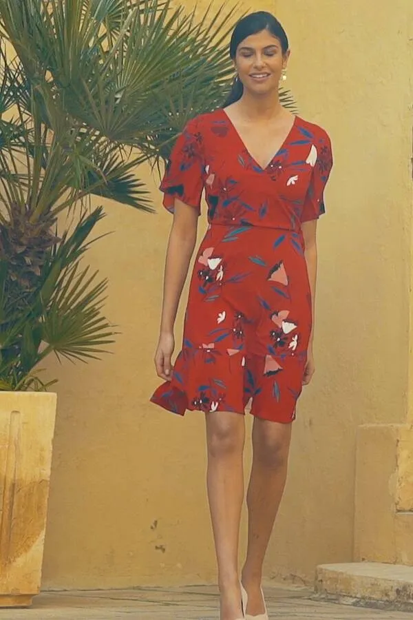 Red Floral Print Wrap Dress