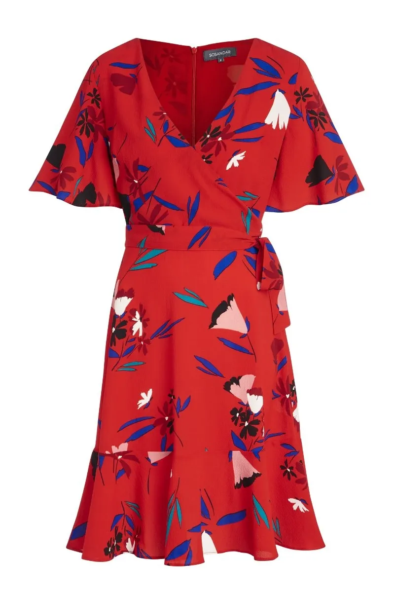 Red Floral Print Wrap Dress