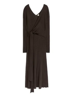 Rib Wrap Dress - V-neck - Long sleeve - Dark Brown - Ladies | H&M GB