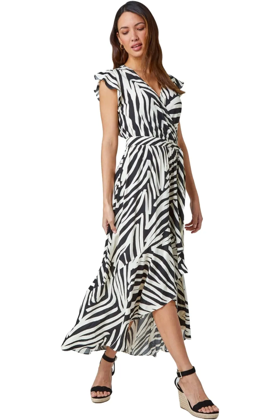 Roman Black Zebra Print Maxi Wrap Dress