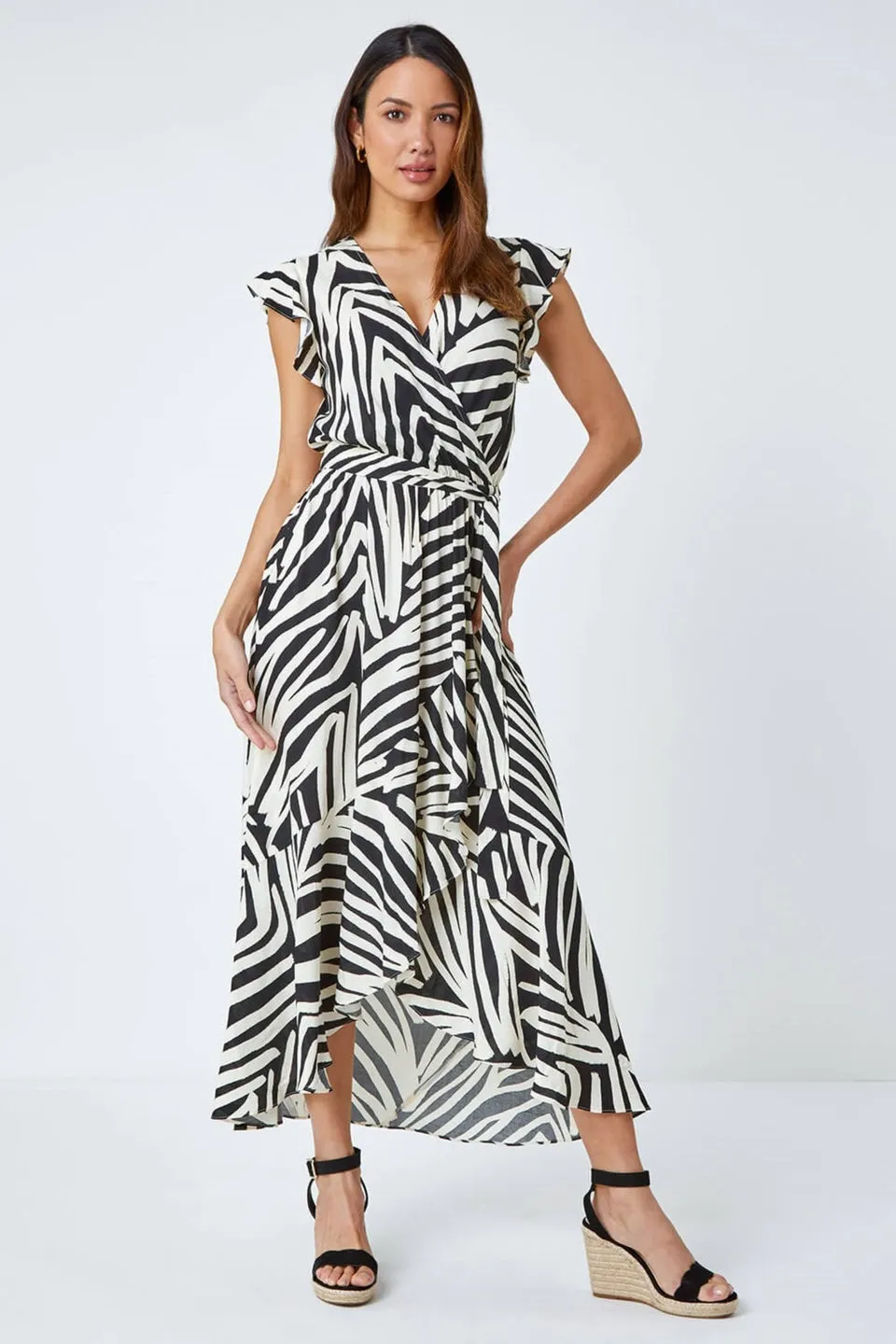 Roman Black Zebra Print Maxi Wrap Dress