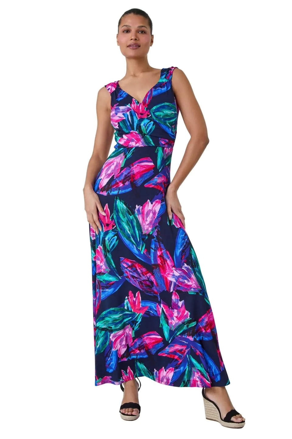 Roman Fuchsia Tropical Floral Print Wrap Maxi Dress