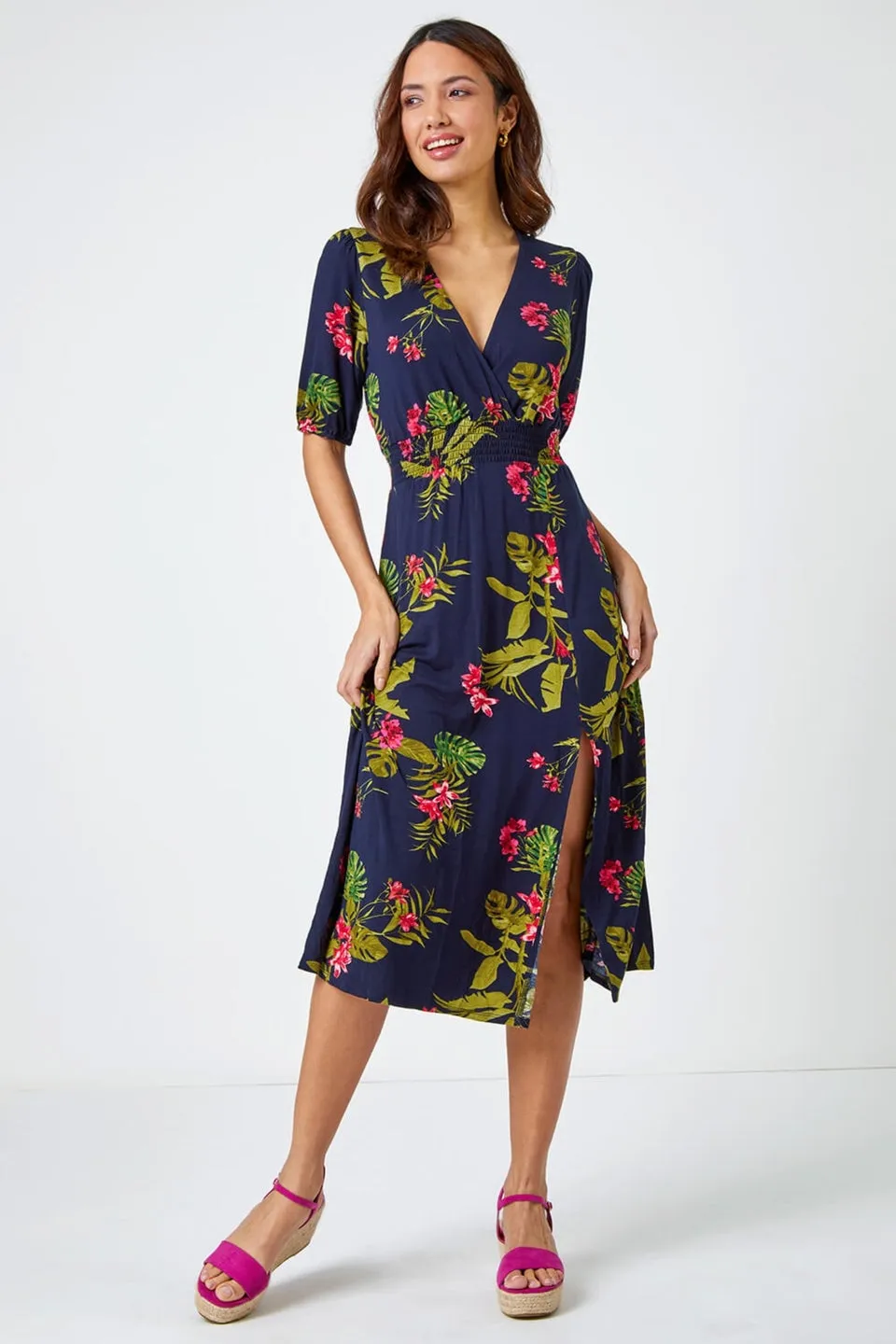 Roman Pink Tropical Print Stretch Wrap Midi Dress