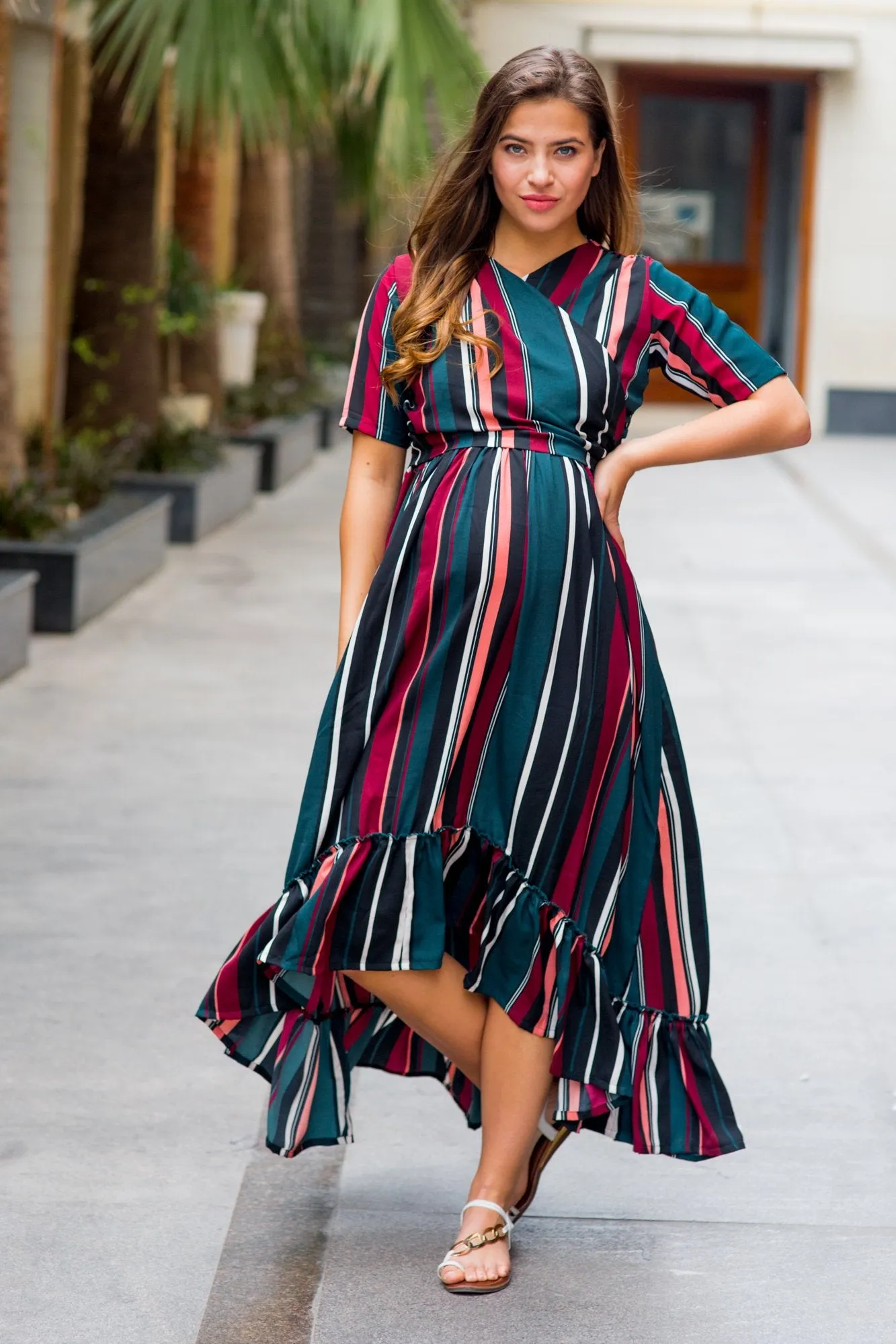 Royal Multi Striped Maternity & Nursing Wrap Dress