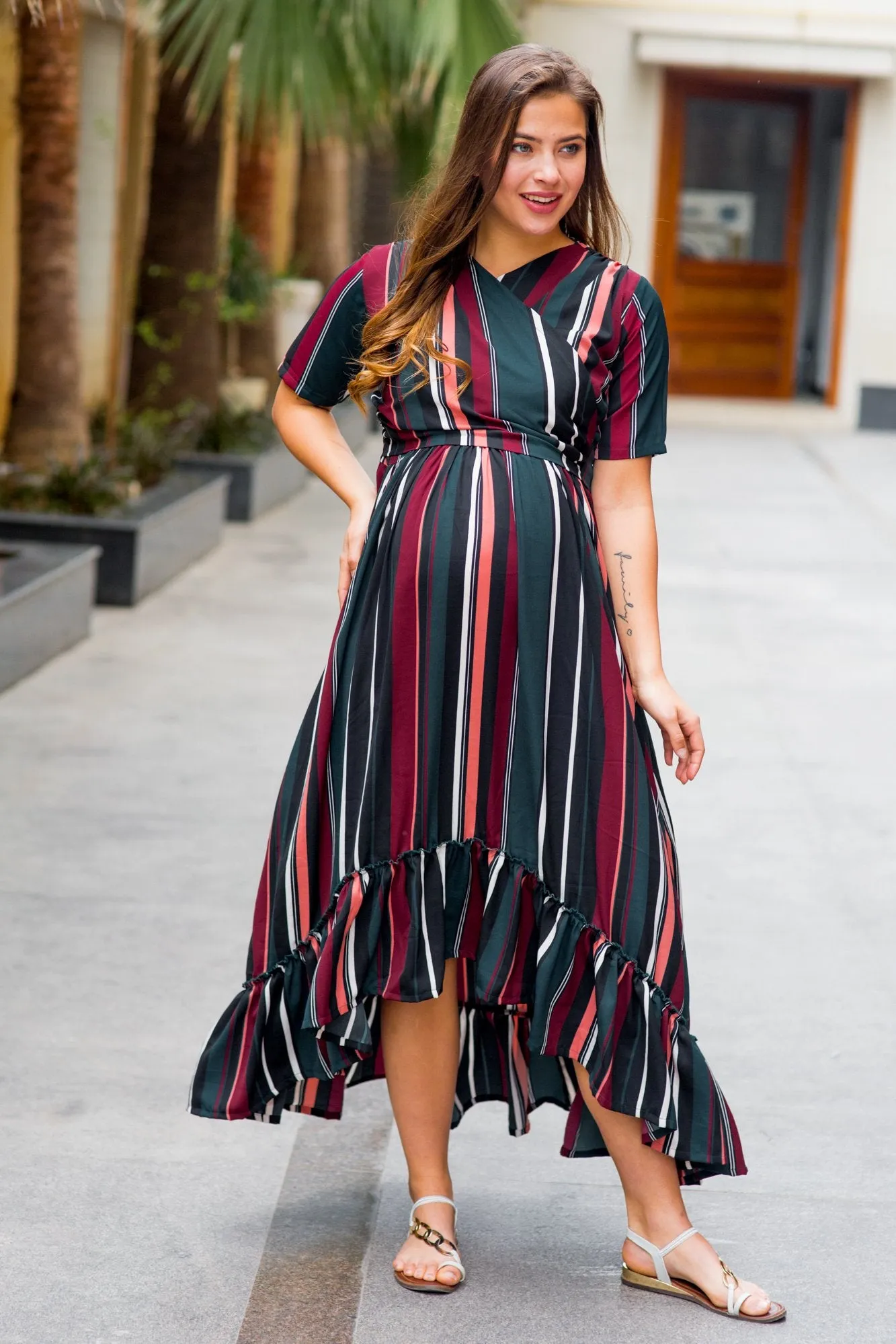 Royal Multi Striped Maternity & Nursing Wrap Dress