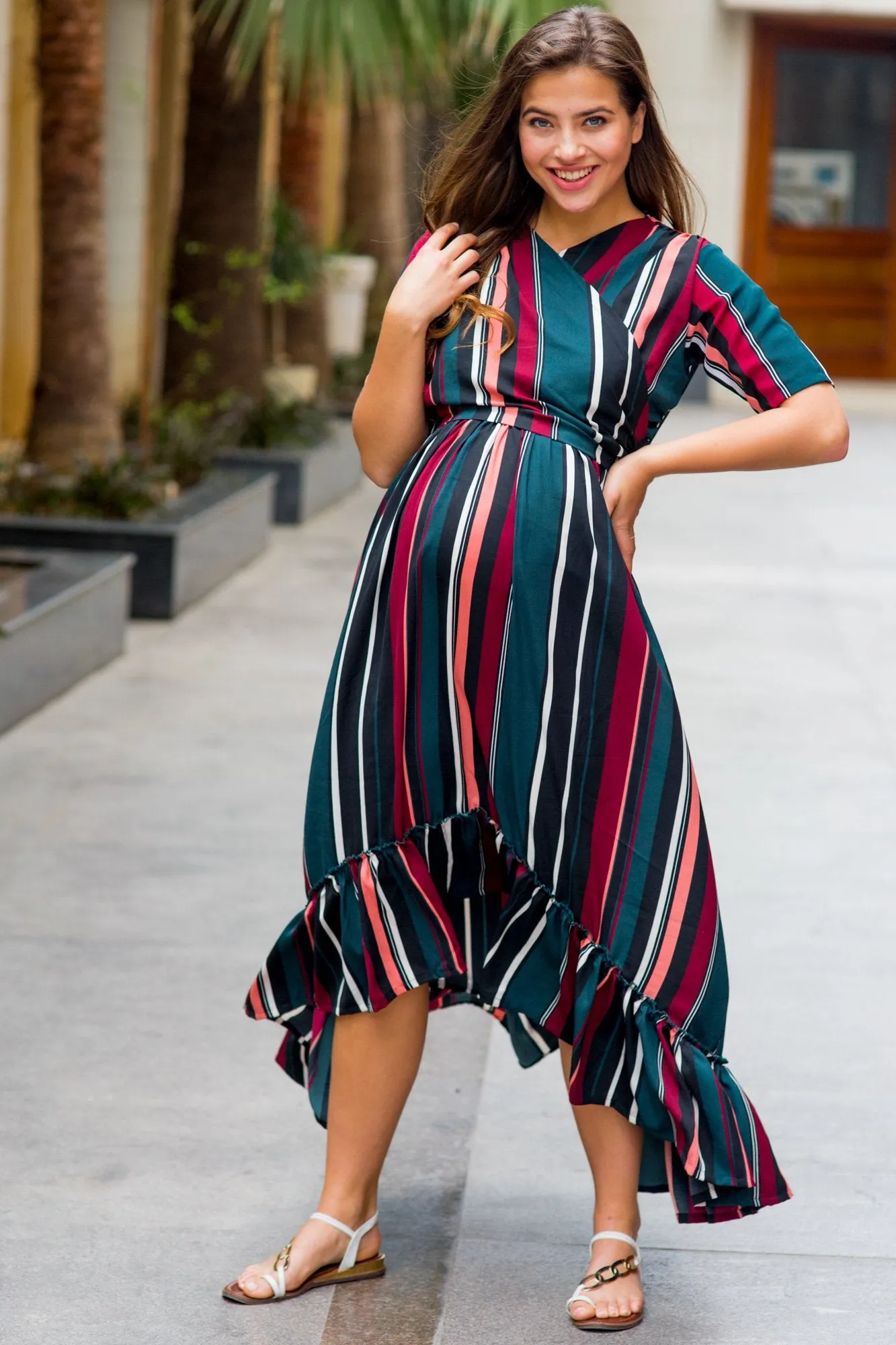 Royal Multi Striped Maternity & Nursing Wrap Dress