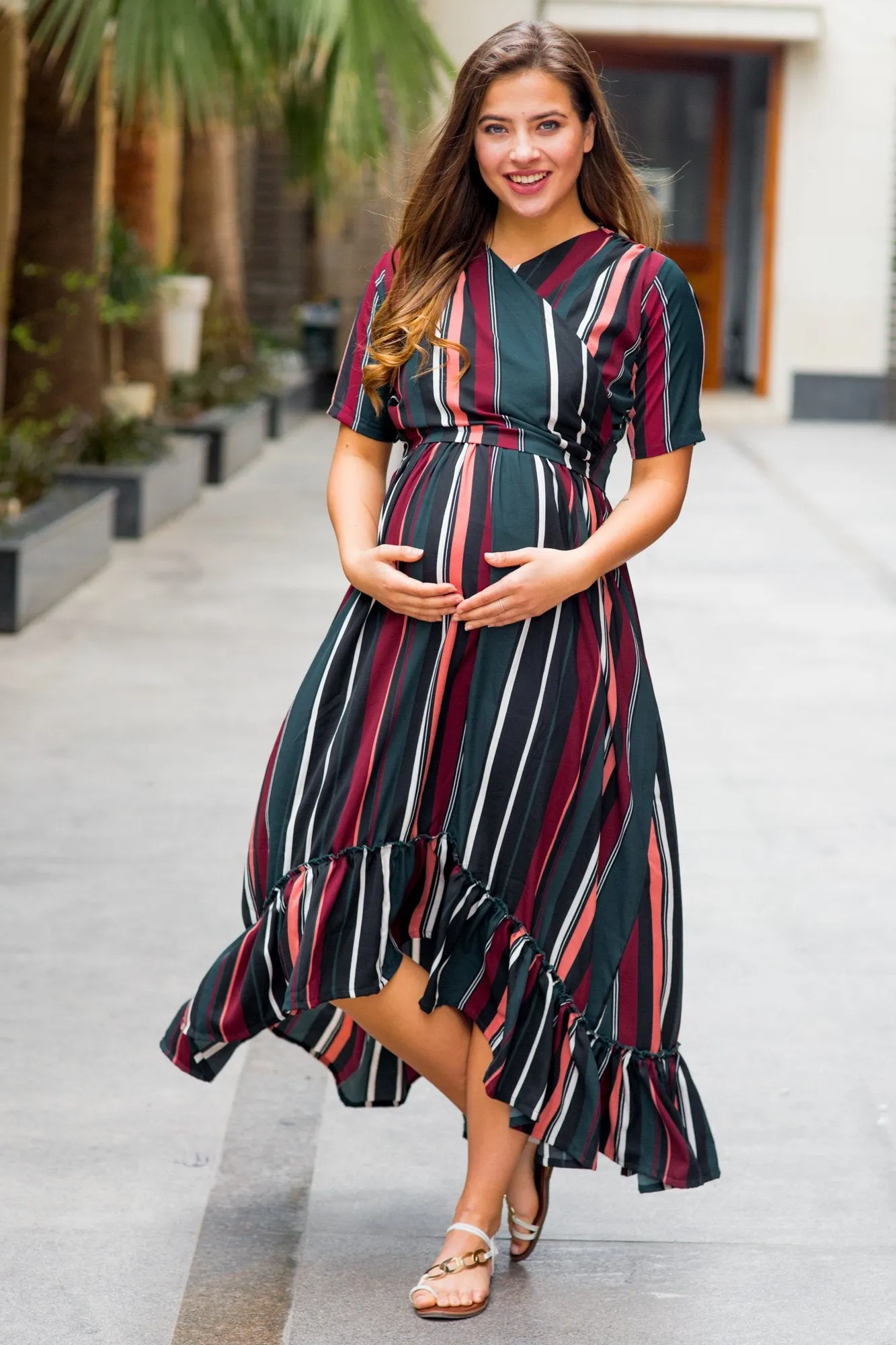 Royal Multi Striped Maternity & Nursing Wrap Dress