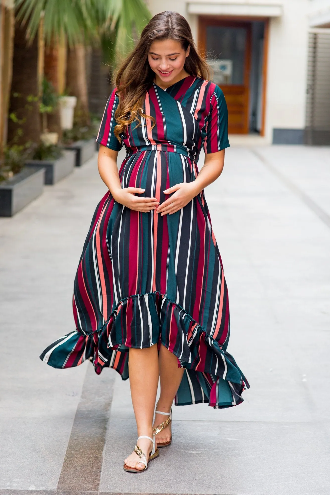 Royal Multi Striped Maternity & Nursing Wrap Dress