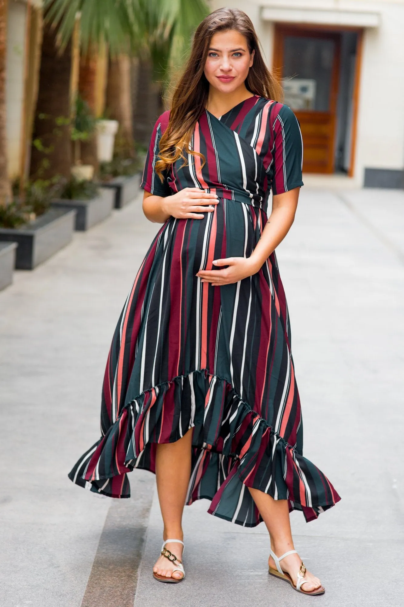 Royal Multi Striped Maternity & Nursing Wrap Dress