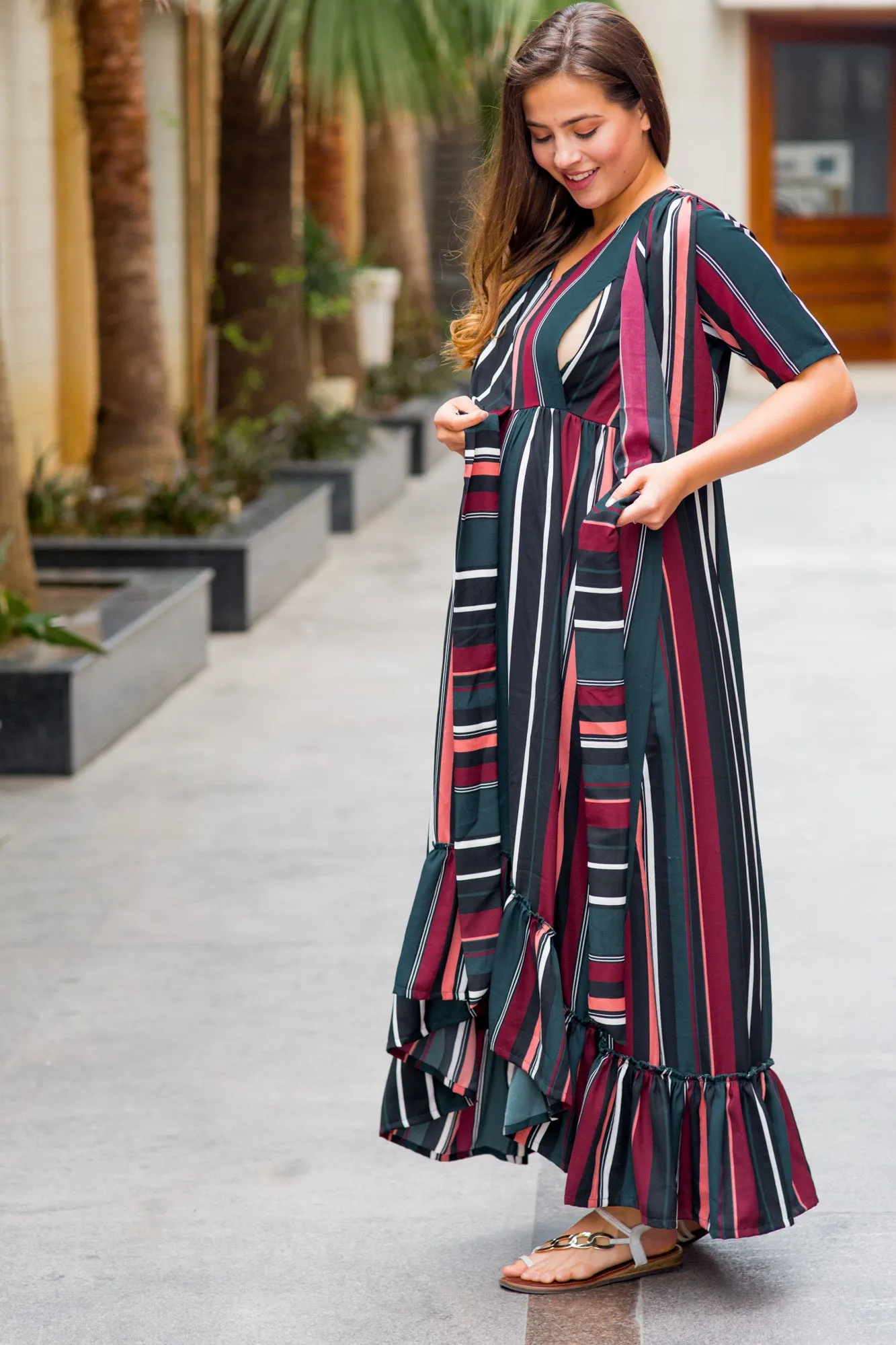 Royal Multi Striped Maternity & Nursing Wrap Dress